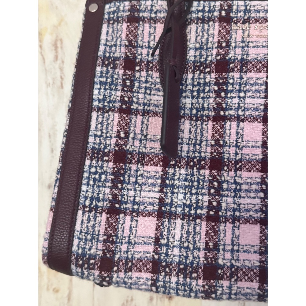 Kate Spade Plaid Burgundy Blue White Tweed Tote Shoulder Bag NWOT - Picture 4 of 16